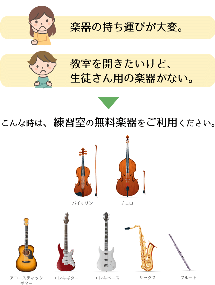 練習用楽器が無料でご利用いただけます クラシック音楽専用音楽練習室 アール エイチ ワイ